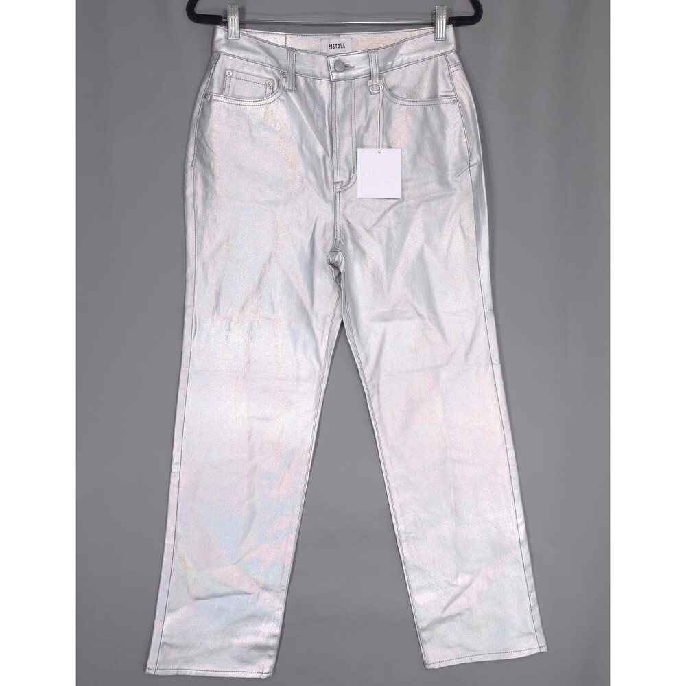 PISTOLA New Cassie High Rise Straight Jeans 28 Metallic Silver Coated Prism Pant